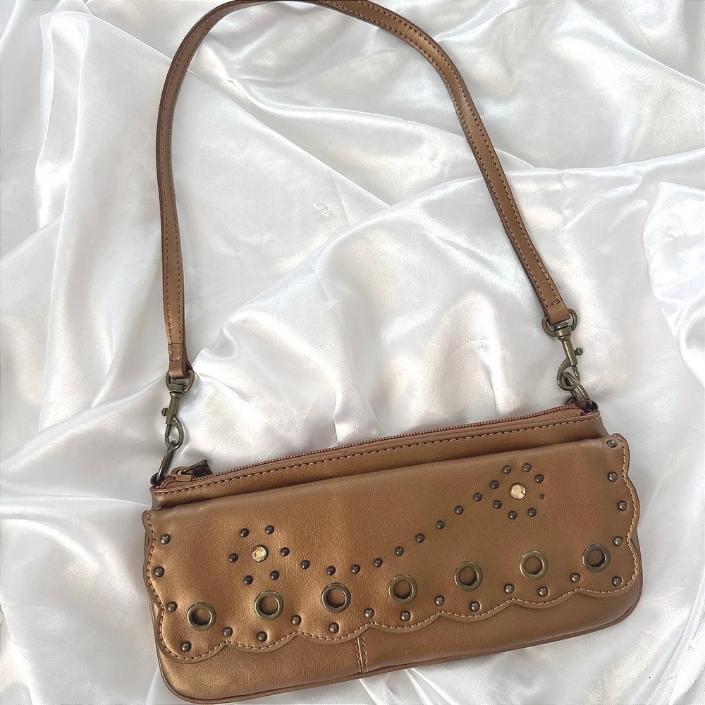 Nine West Bronze Metallic Scalloped Studded Baguette Shoulder Bag Y2K Boho